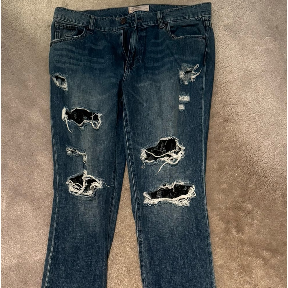 BCBG DISTRESSED JEANS WITH BLACK  LACE INSERT….SIZE 27